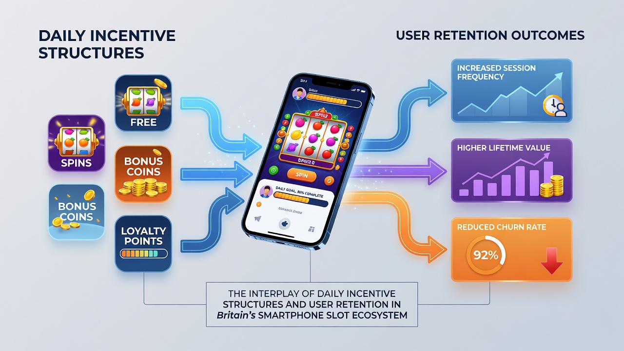 Analytics dashboard showing retention graphs and daily incentive participation rates for UK slot apps